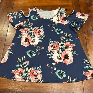 Floral cold shoulder cutout flutter sleeve flowy top